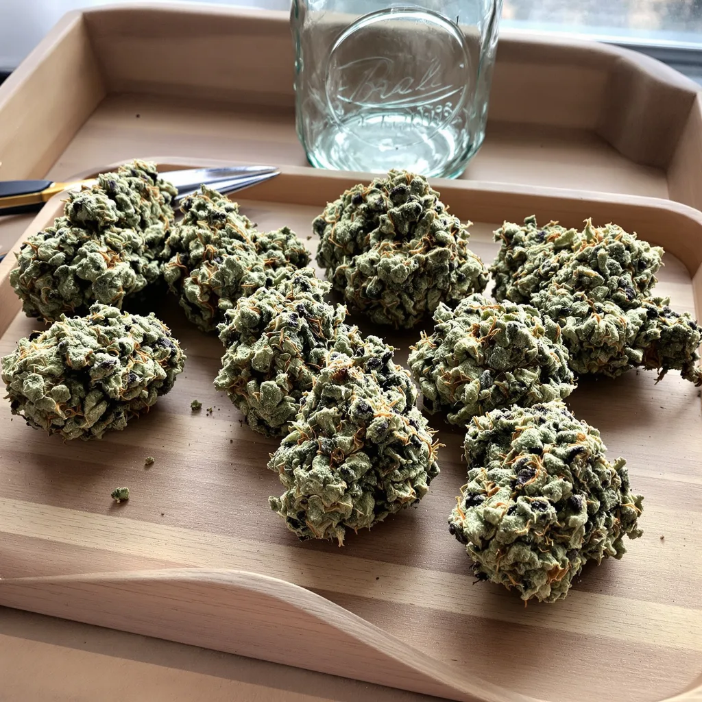 Bluniverse 43% indica / 57% sativa — fleur avec trichomes visibles