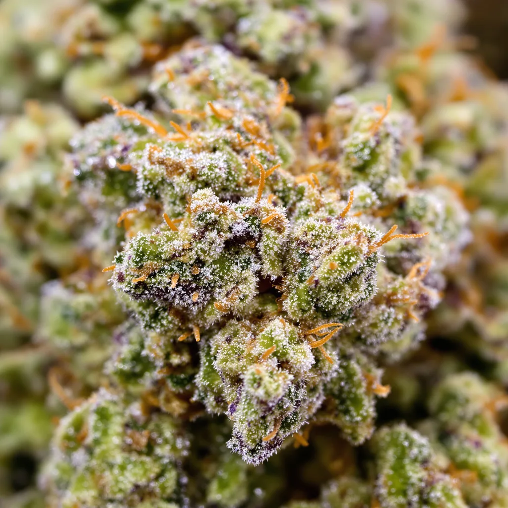 Gros plan de fleur de cannabis Bluniverse montrant structure équilibrée avec trichomes givrés