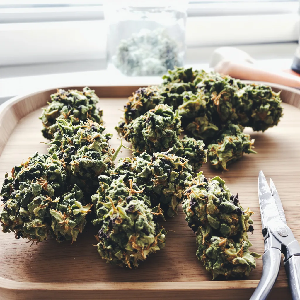 Bogart 41% indica / 59% sativa — fleur avec trichomes visibles