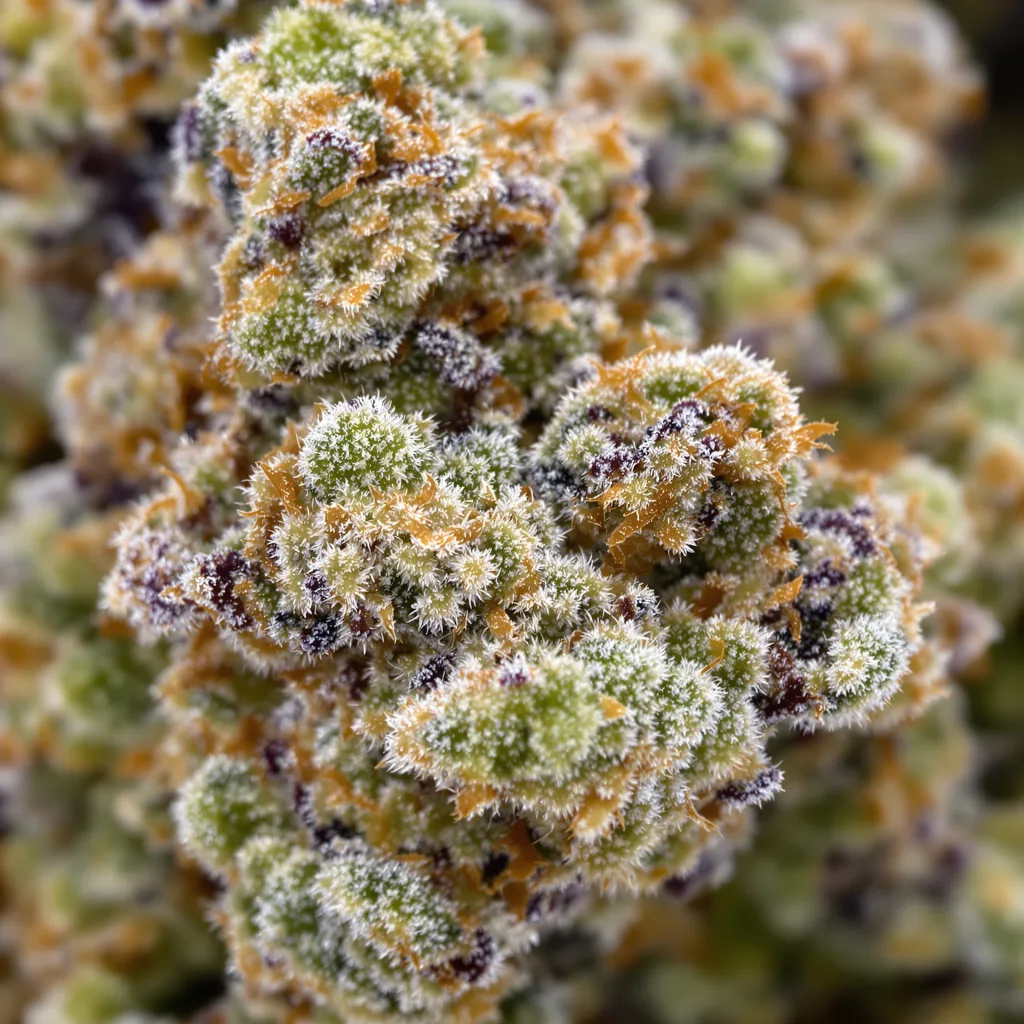 Gros plan de fleur de cannabis Bogart montrant structure équilibrée avec trichomes givrés
