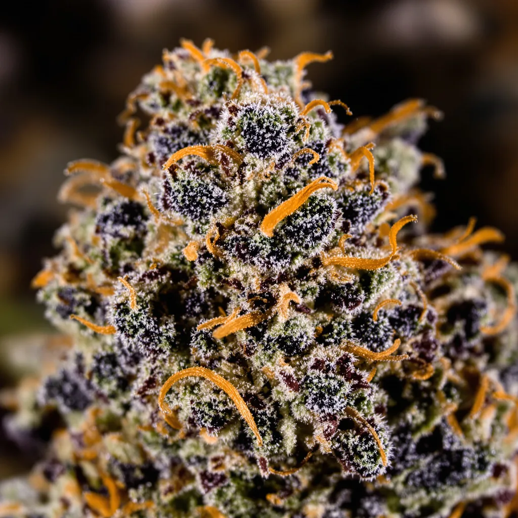 Gros plan de fleur de cannabis Brains Damage montrant calices denses aux reflets violets