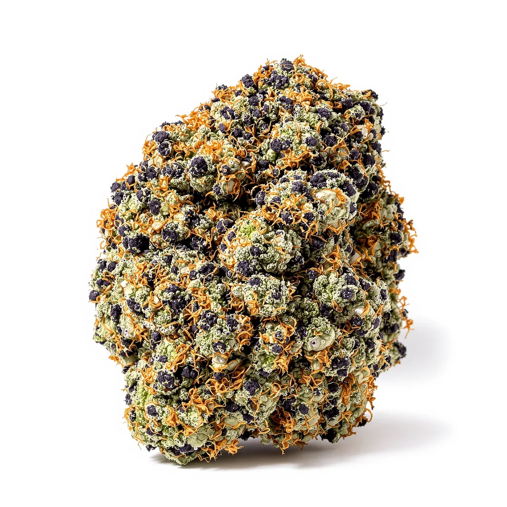 Brains Damage 66% indica / 34% sativa — fleur avec trichomes visibles
