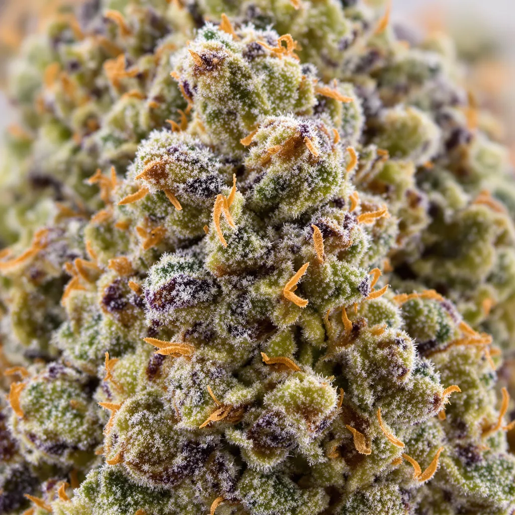 Gros plan de fleur de cannabis Brainwreck montrant structure ouverte avec pistils orangés