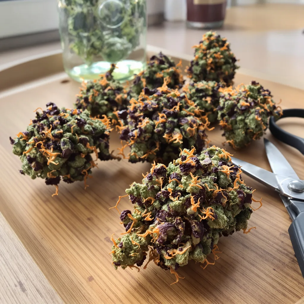Brand X 74% indica / 26% sativa — fleur avec trichomes visibles