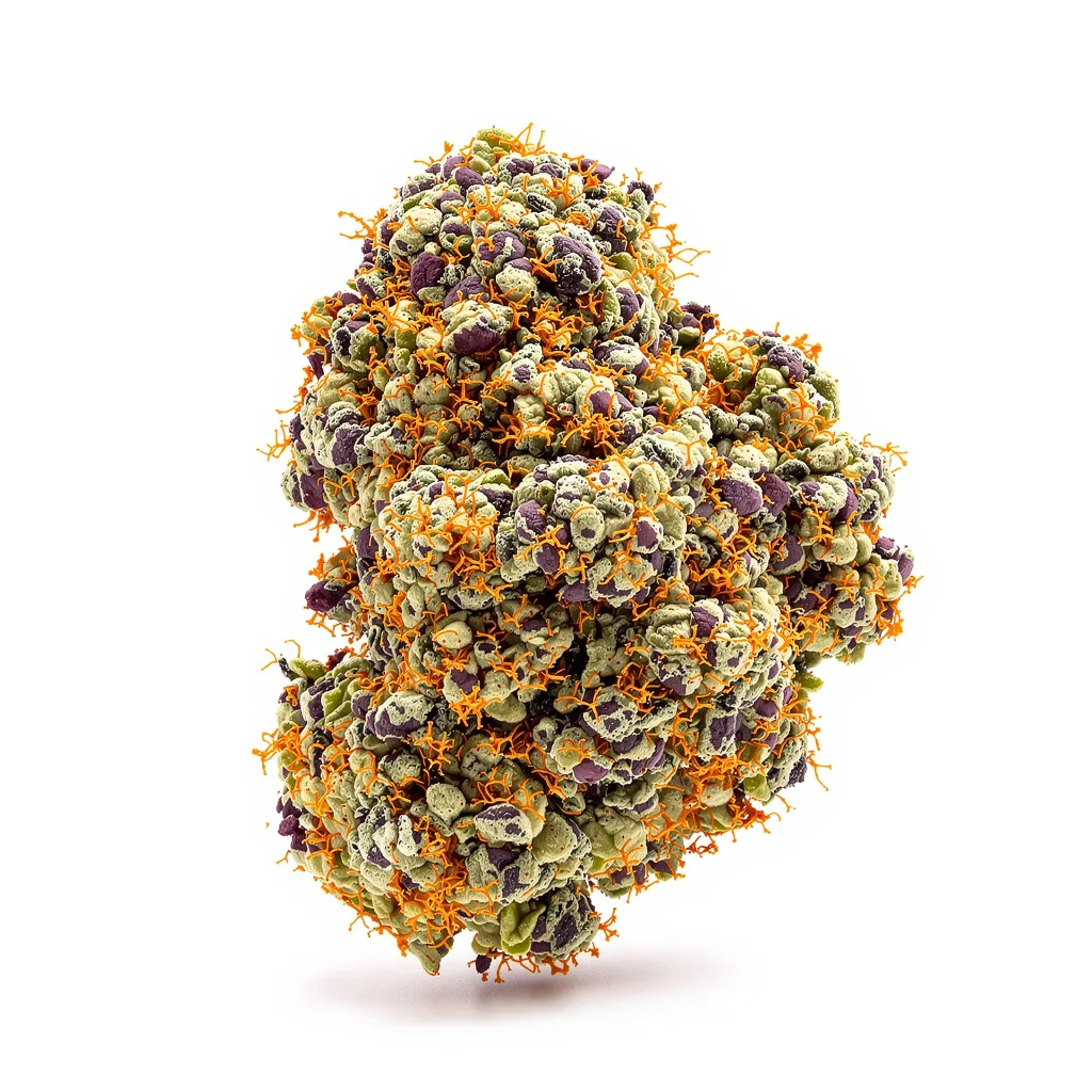 Brand X 74% indica / 26% sativa — fleur avec trichomes visibles