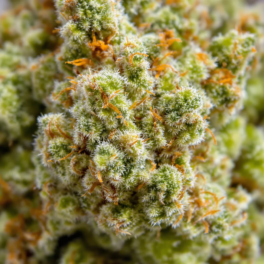 Gros plan de fleur de cannabis Bruce Almighty montrant structure aérée vert lime