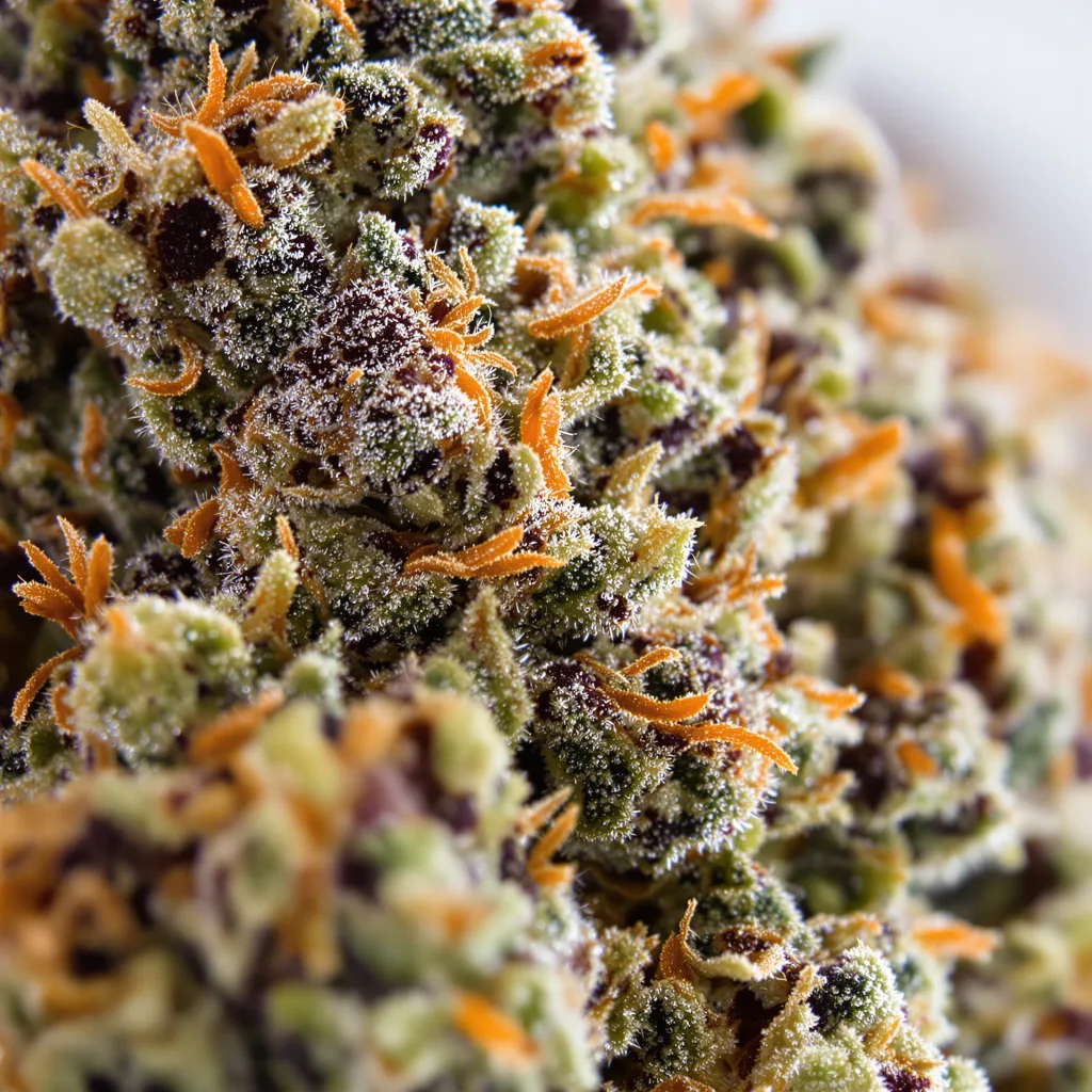 Gros plan de fleur de cannabis Bubba Kush montrant calices denses aux reflets violets