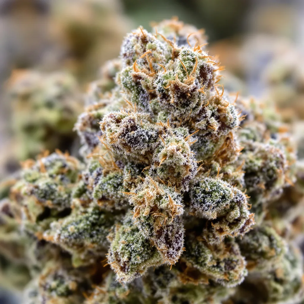 Gros plan de fleur de cannabis Bubble Cheese montrant calices denses aux reflets violets