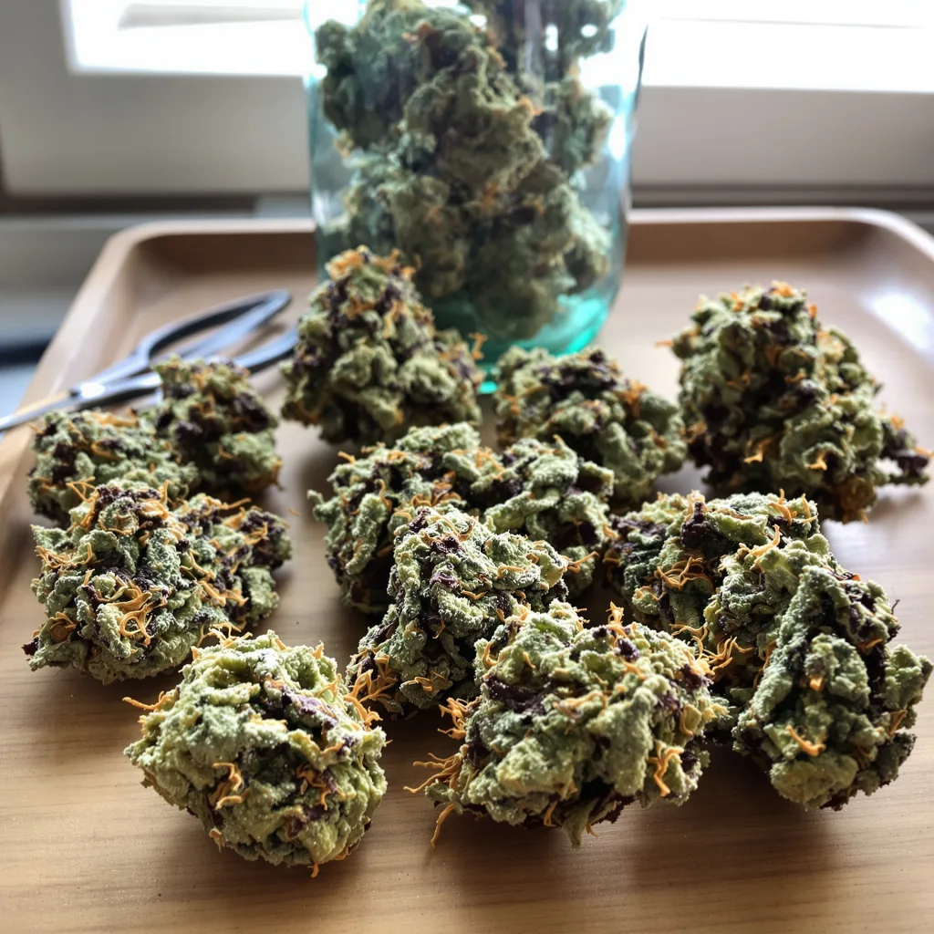 Bubbleberry 50% indica / 40% sativa — fleur avec trichomes visibles