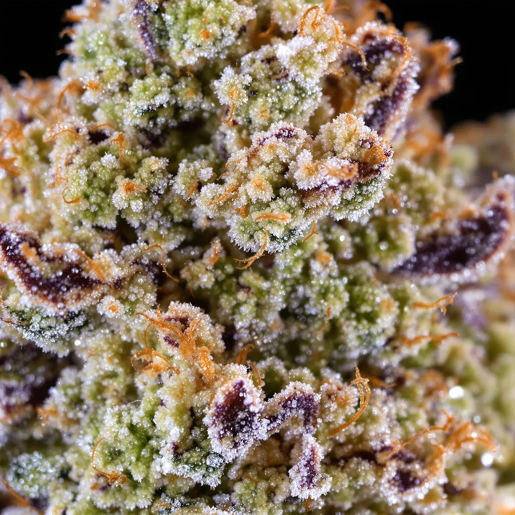 Gros plan de fleur de cannabis Bubbleberry montrant structure équilibrée avec trichomes givrés