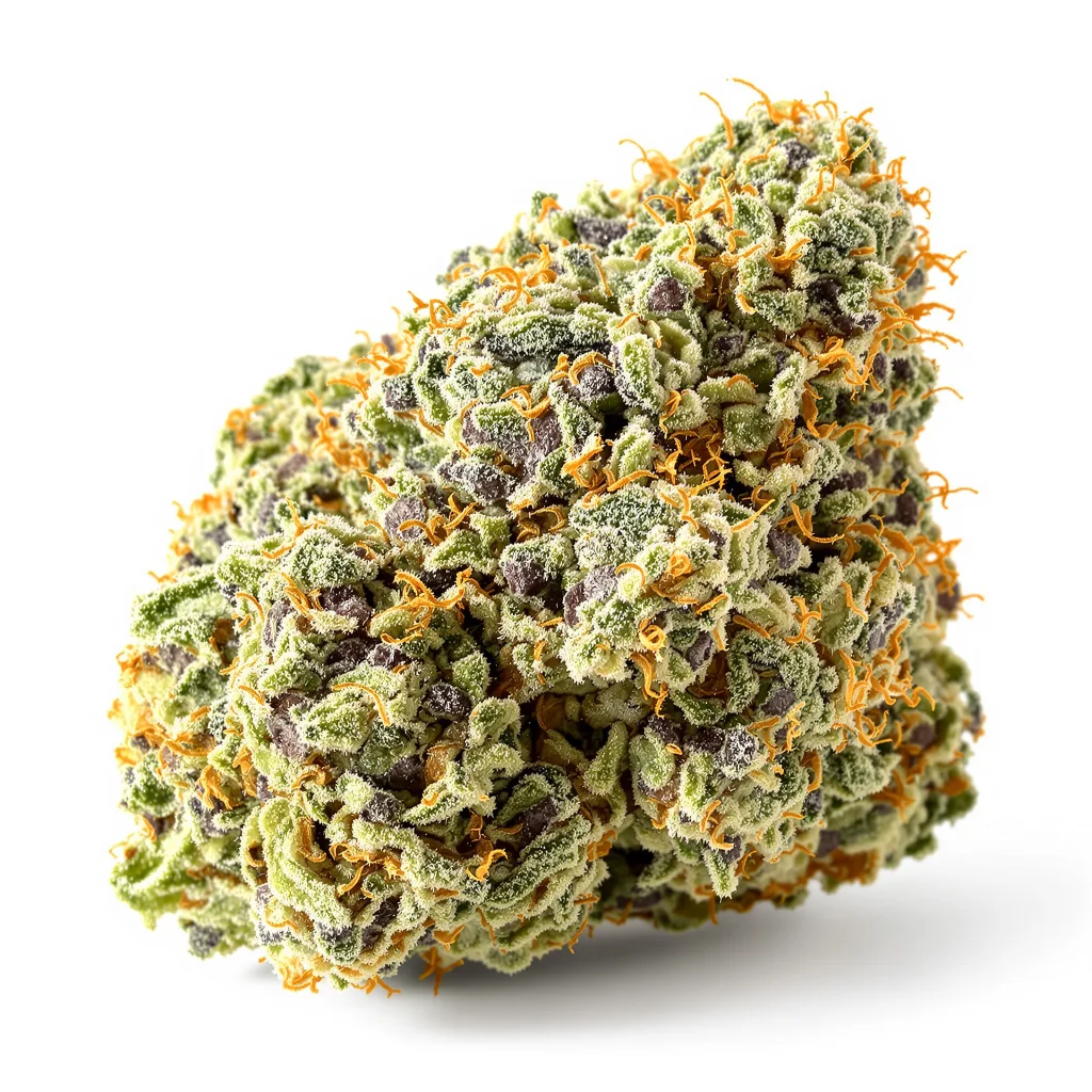 Bubbleberry 50% indica / 40% sativa — fleur avec trichomes visibles