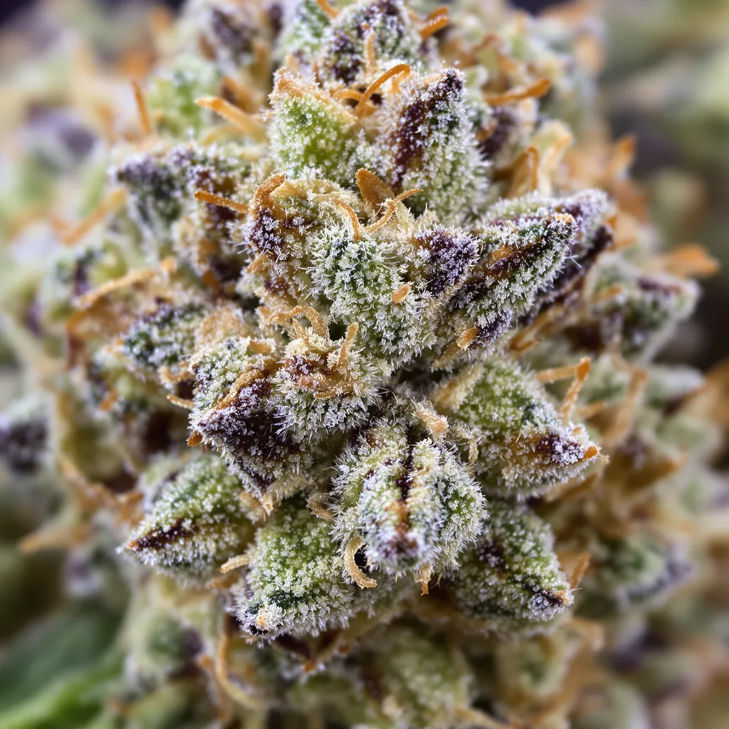 Gros plan de fleur de cannabis Bubblegum montrant structure équilibrée avec trichomes givrés