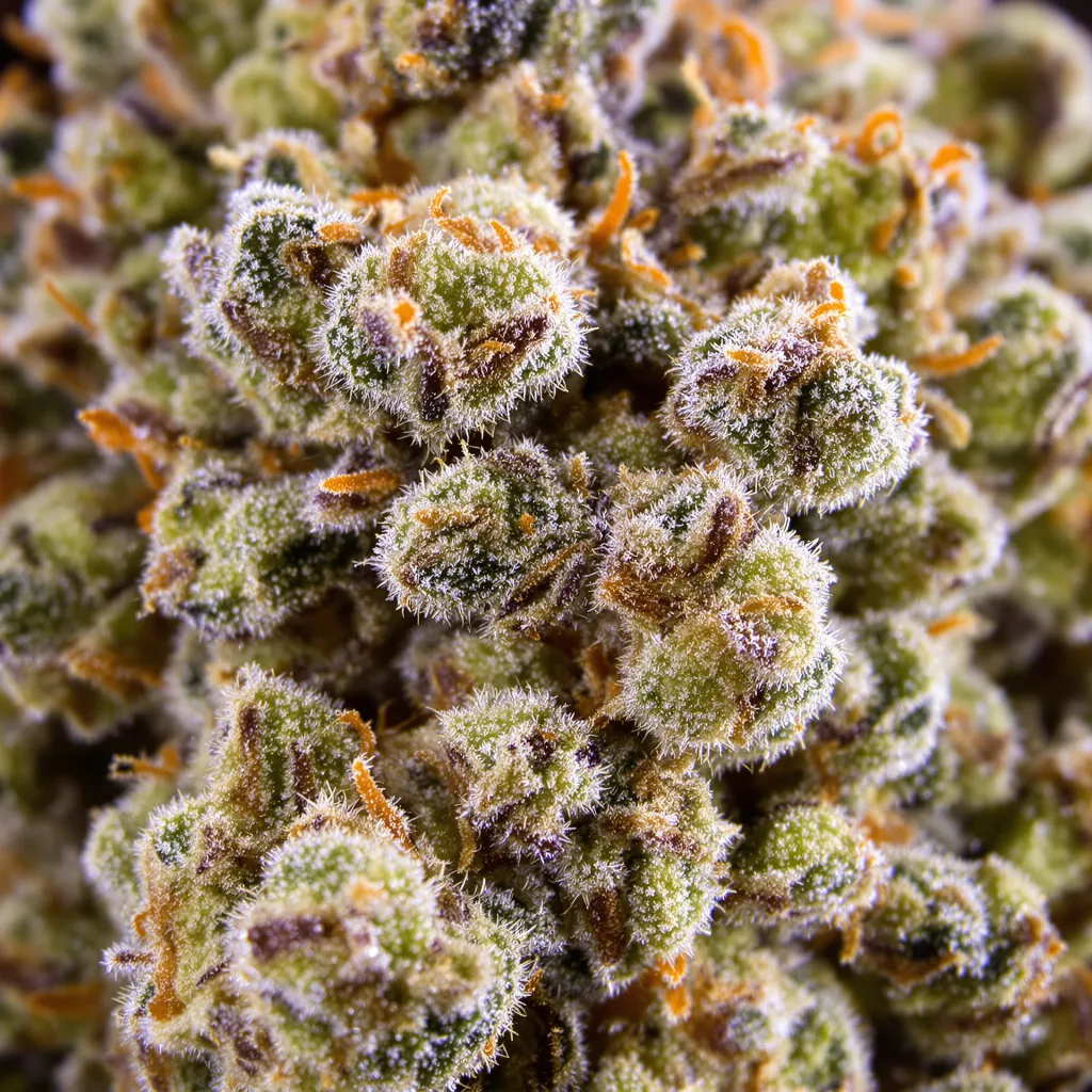 Gros plan de fleur de cannabis Bubblegum montrant structure équilibrée avec trichomes givrés