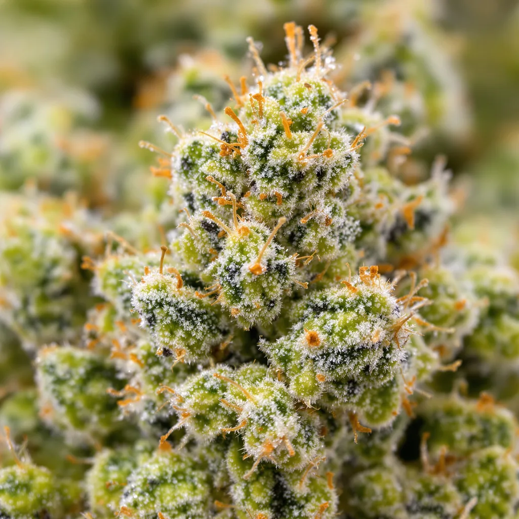 Gros plan de fleur de cannabis Bubblegum Haze montrant structure aérée vert lime