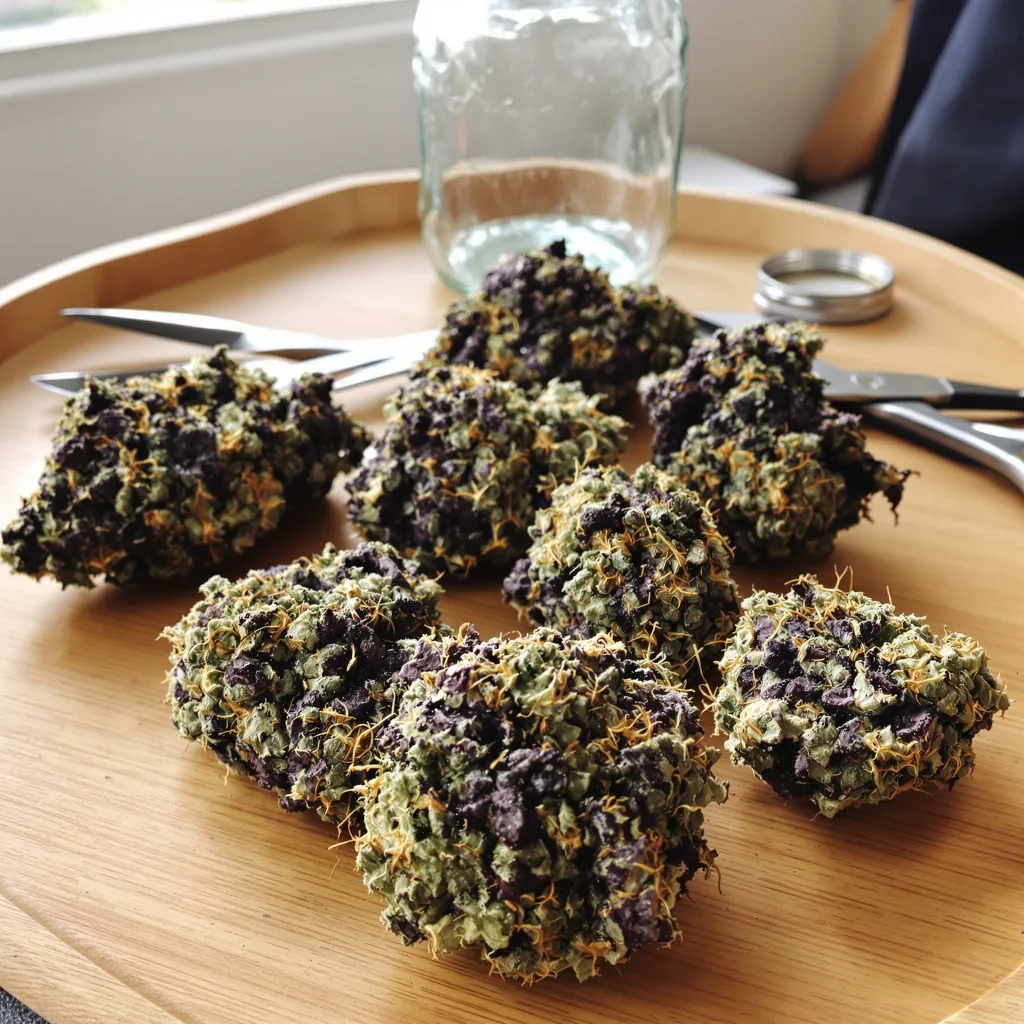 Buckeye Purple 76% indica / 24% sativa — fleur avec trichomes visibles