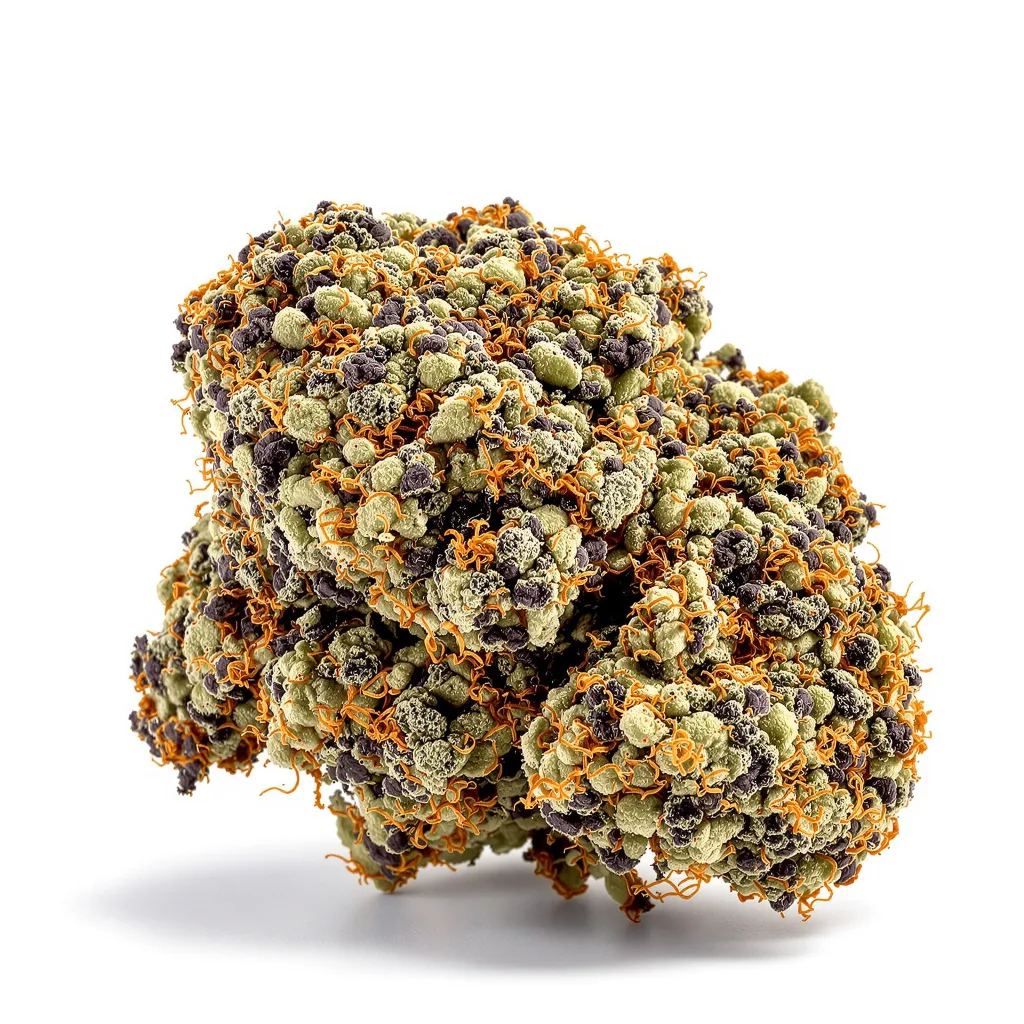 Buckeye Purple 76% indica / 24% sativa — fleur avec trichomes visibles