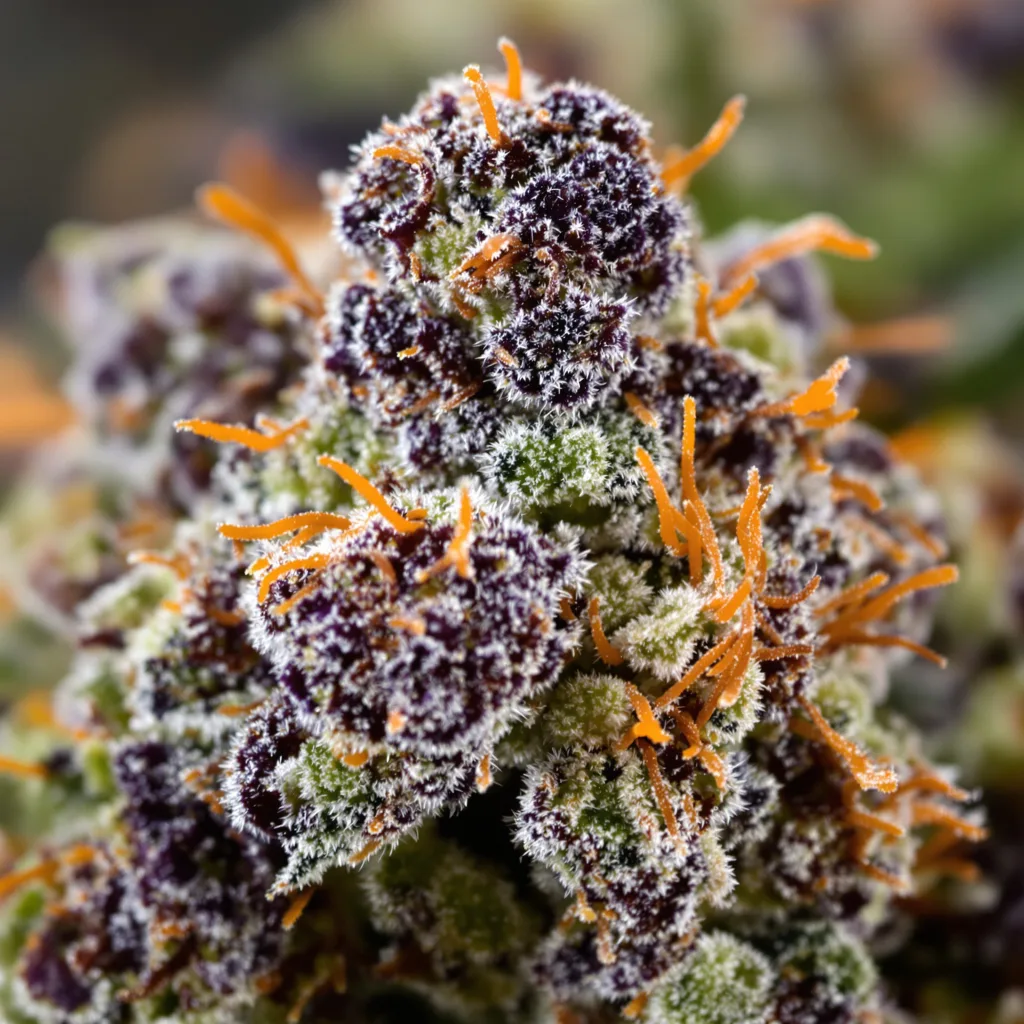 Gros plan de fleur de cannabis Buddha's Sister montrant calices denses aux reflets violets