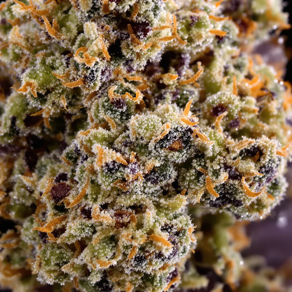 Gros plan de fleur de cannabis Buddha Tahoe montrant calices denses aux reflets violets