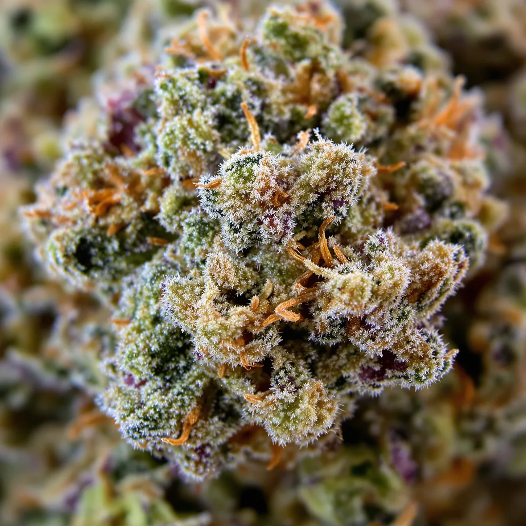 Gros plan de fleur de cannabis Bugatti montrant nugs denses vert forêt