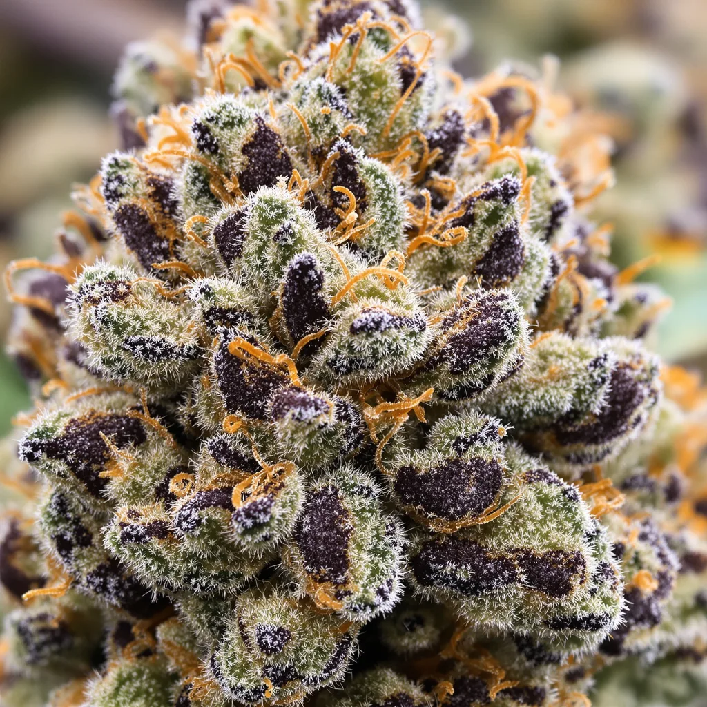 Gros plan de fleur de cannabis Burkle montrant calices denses aux reflets violets