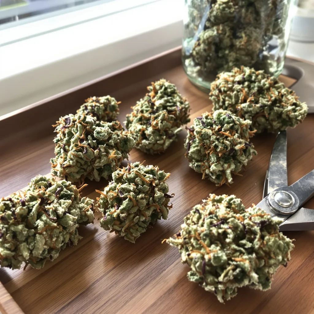 Burmese Kush 50% indica / 50% sativa — fleur avec trichomes visibles