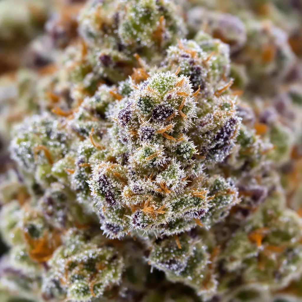 Gros plan de fleur de cannabis Burmese Kush montrant structure équilibrée avec trichomes givrés
