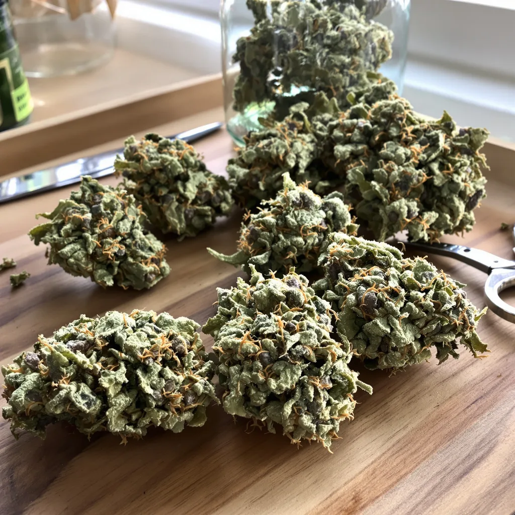 Burmese Kush 50% indica / 50% sativa — fleur avec trichomes visibles