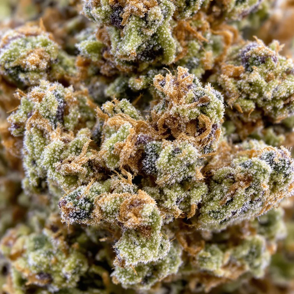 Gros plan de fleur de cannabis Burmese Kush montrant structure équilibrée avec trichomes givrés