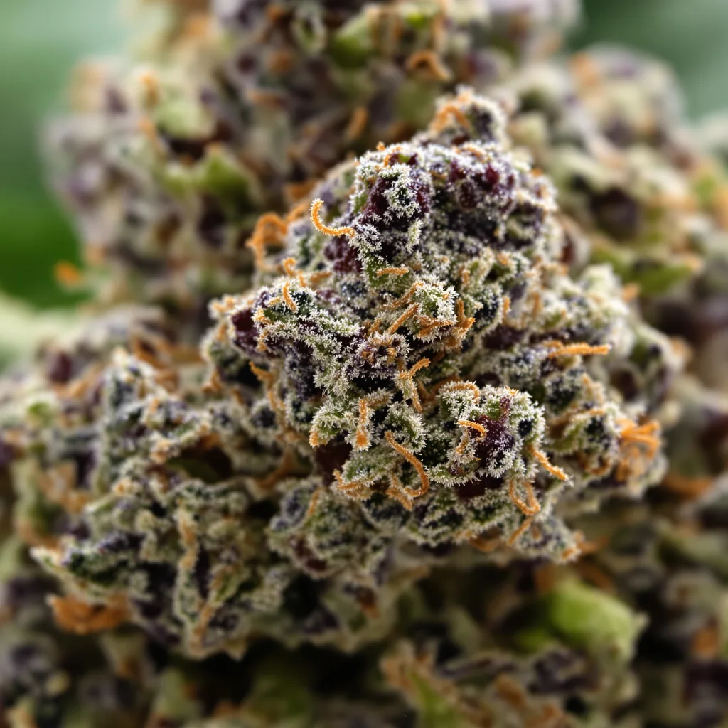 Gros plan de fleur de cannabis Butter OG montrant calices denses aux reflets violets