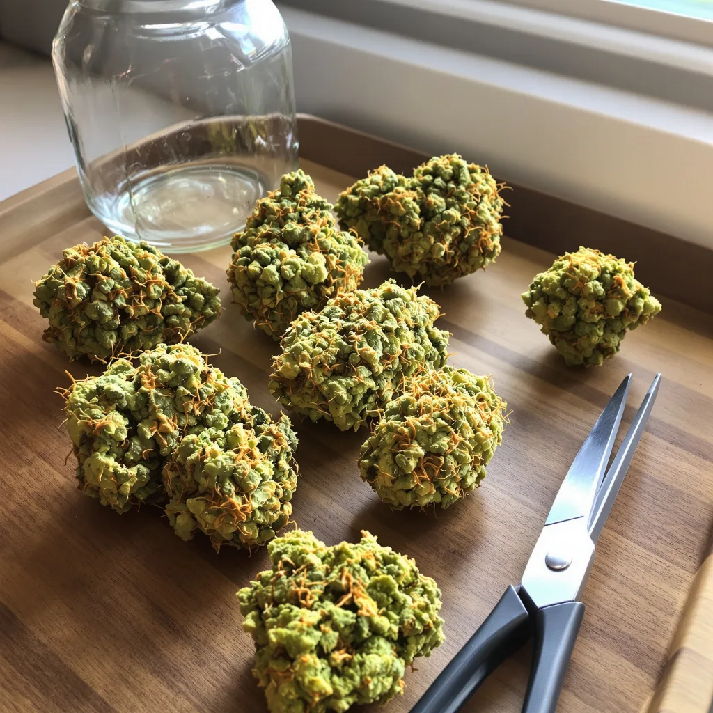 Butterscotch 14% indica / 86% sativa — fleur avec trichomes visibles
