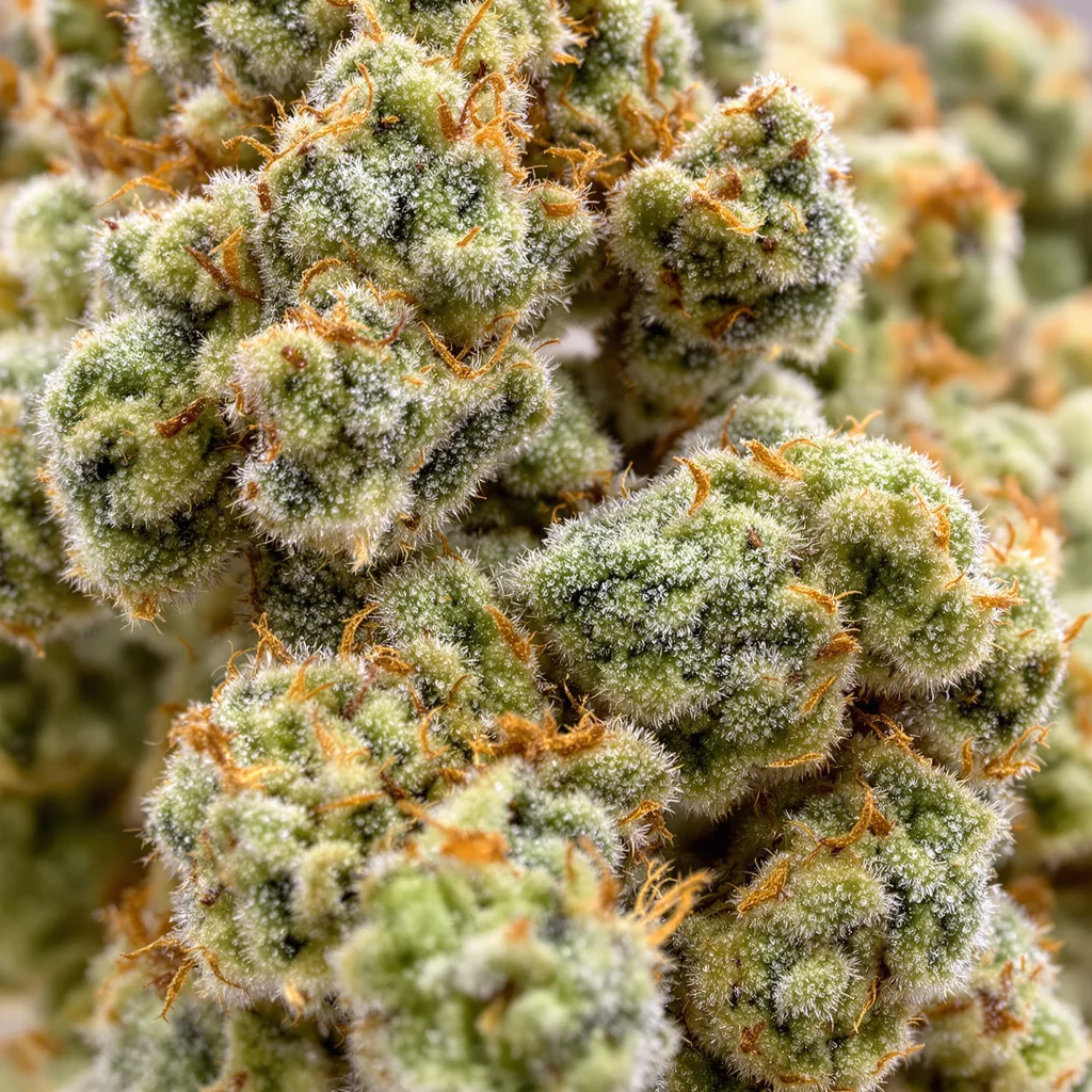 Gros plan de fleur de cannabis Butterscotch montrant structure aérée vert lime