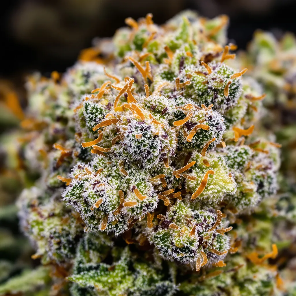 Gros plan de fleur de cannabis C4 montrant structure équilibrée avec trichomes givrés