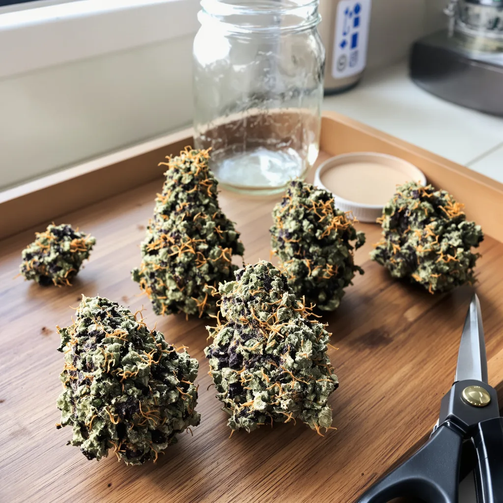 Caffeine Bomb 66% indica / 34% sativa — fleur avec trichomes visibles