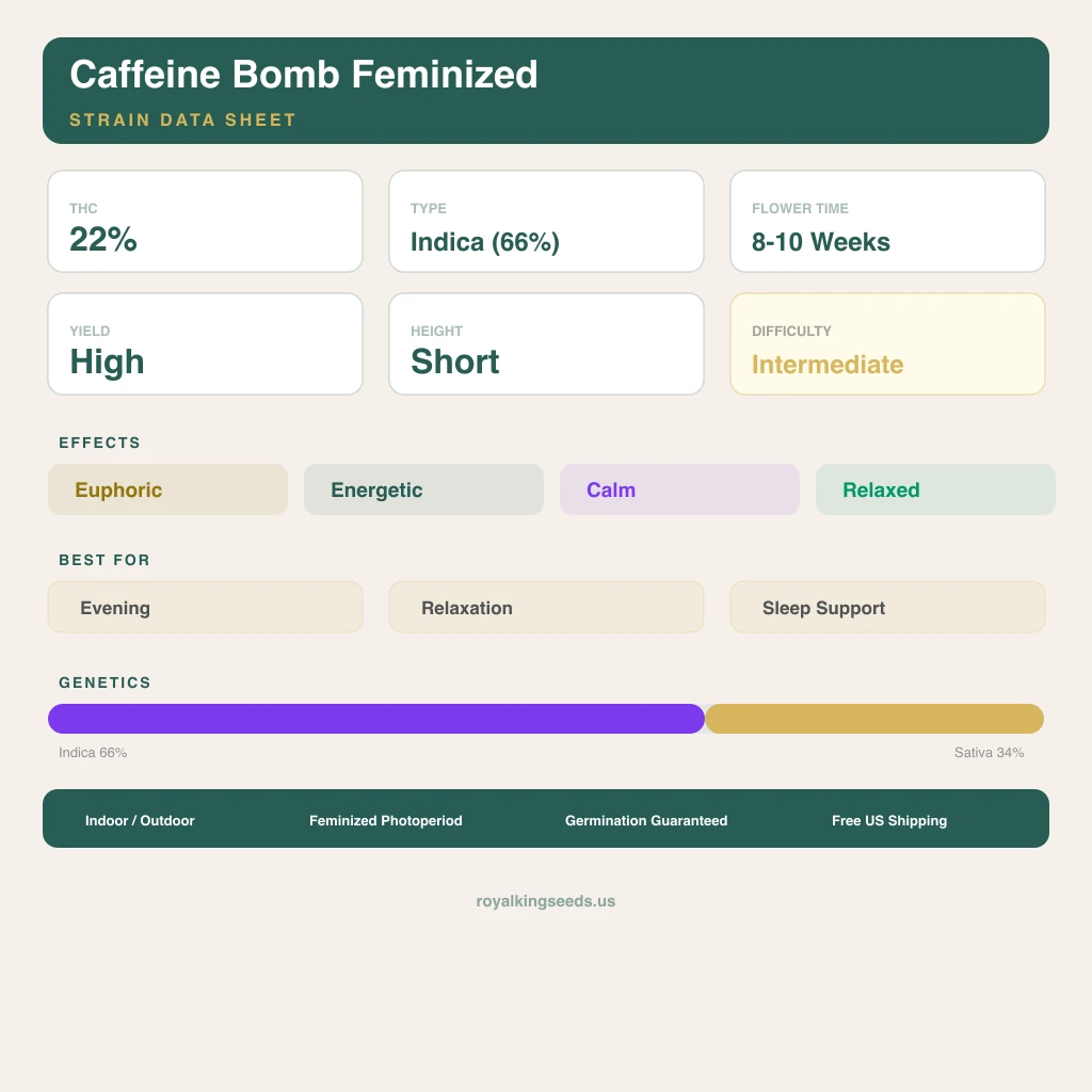 Caffeine Bomb 66% indica / 34% sativa — fleur avec trichomes visibles