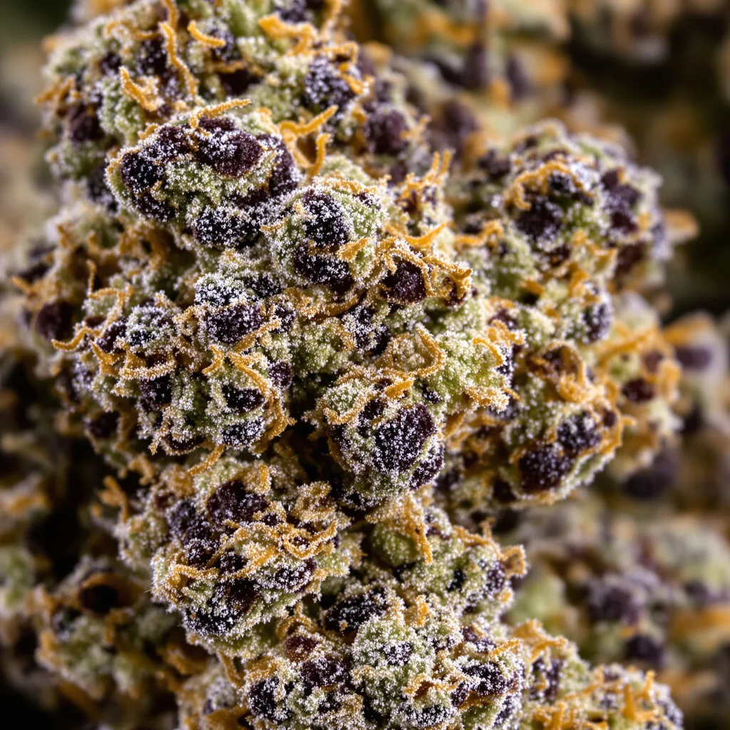 Gros plan de fleur de cannabis Caffeine Bomb montrant calices denses aux reflets violets