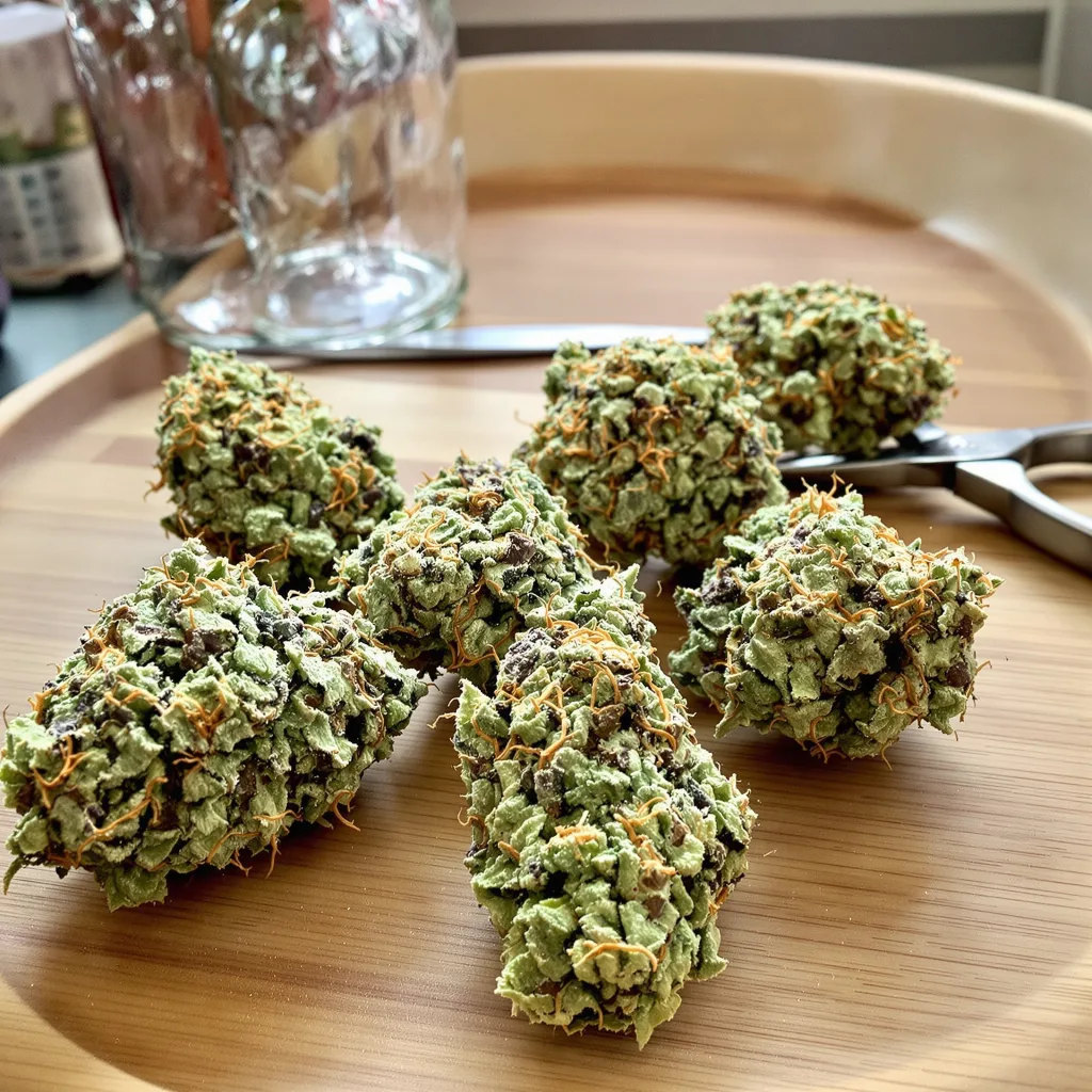 Cake Bomb 44% indica / 56% sativa — fleur avec trichomes visibles