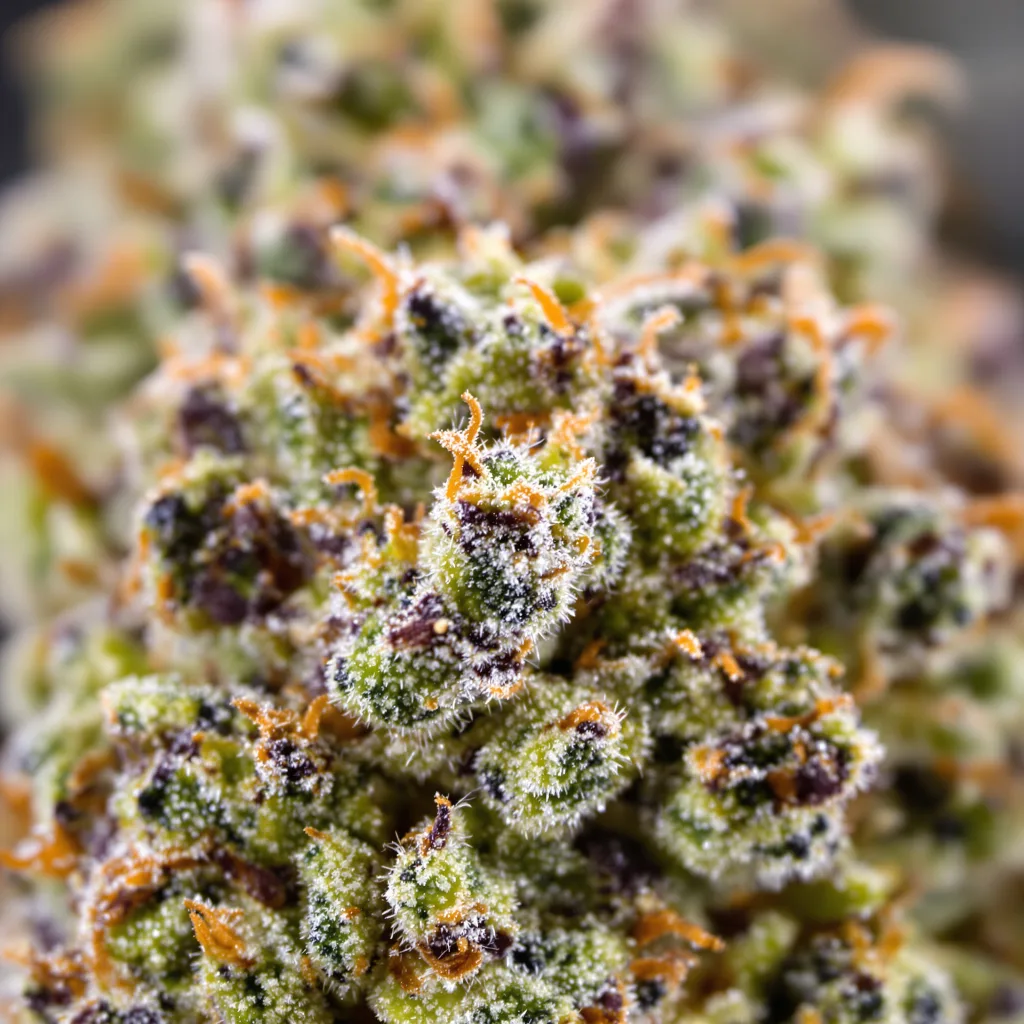 Gros plan de fleur de cannabis Cake Bomb montrant structure équilibrée avec trichomes givrés