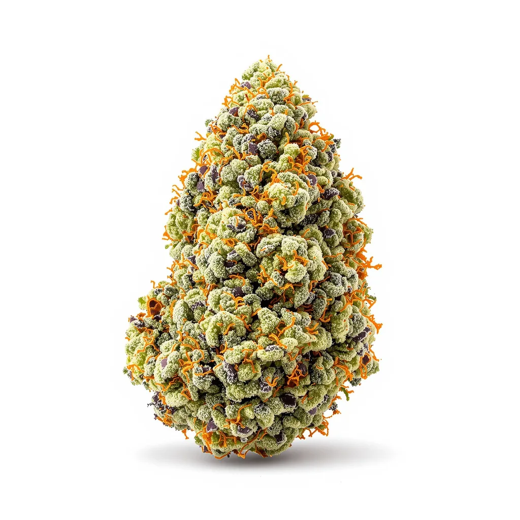 Cake Bomb 44% indica / 56% sativa — fleur avec trichomes visibles