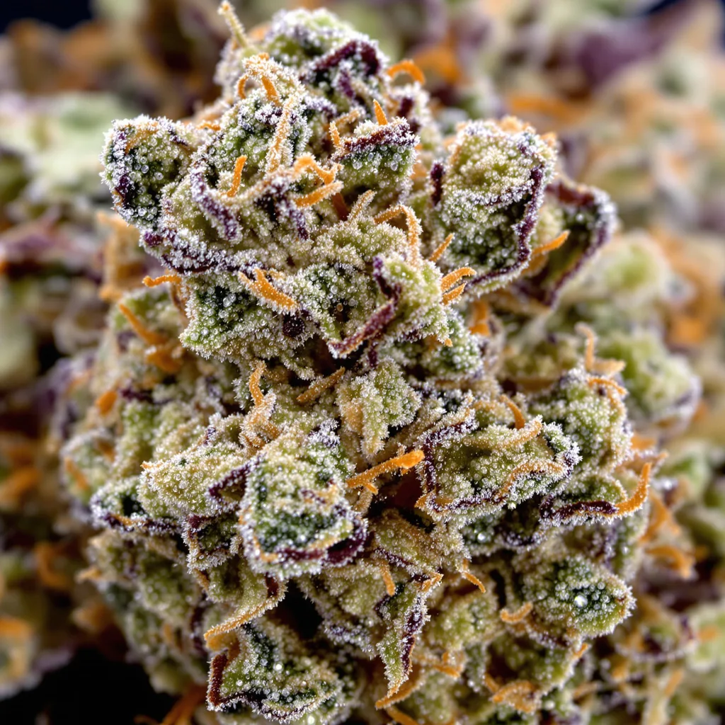 Gros plan de fleur de cannabis Cali Jack montrant structure ouverte avec pistils orangés