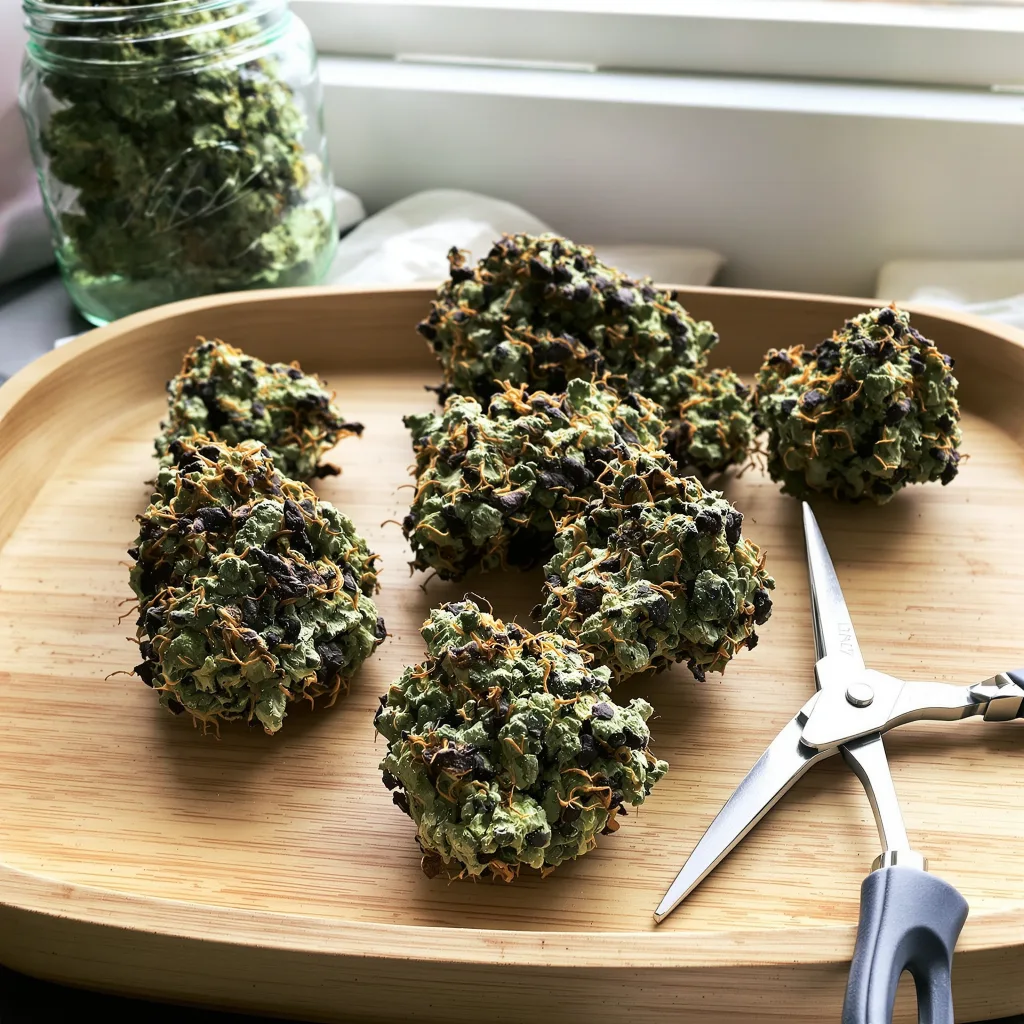 Cali Kush 90% indica / 10% sativa — fleur avec trichomes visibles