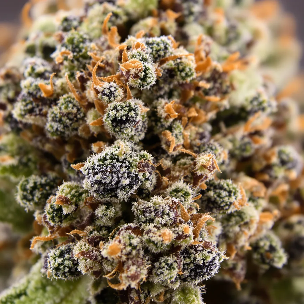 Gros plan de fleur de cannabis Cali Kush montrant calices denses aux reflets violets