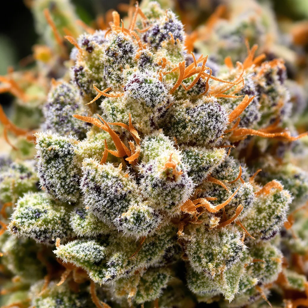 Gros plan de fleur de cannabis California Grapefruit montrant structure ouverte avec pistils orangés