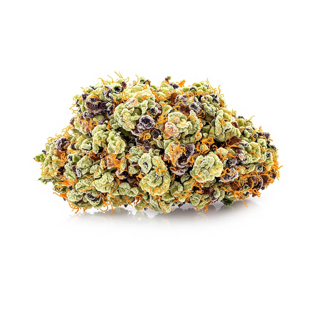 California Grapefruit 39% indica / 61% sativa — fleur avec trichomes visibles