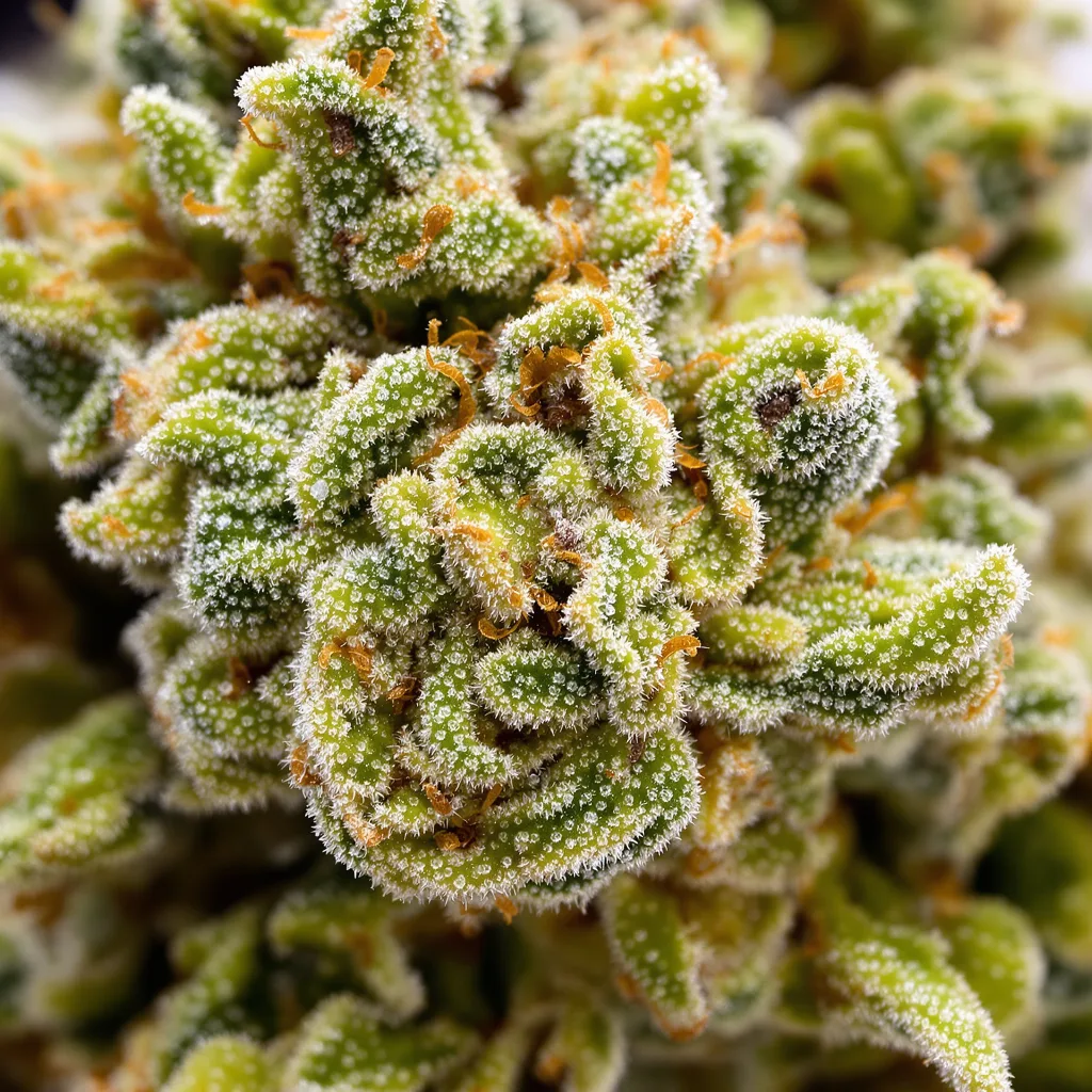 Gros plan de fleur de cannabis California Love montrant structure aérée vert lime
