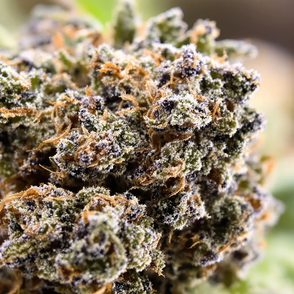 Gros plan de fleur de cannabis Candy Cane montrant calices denses aux reflets violets