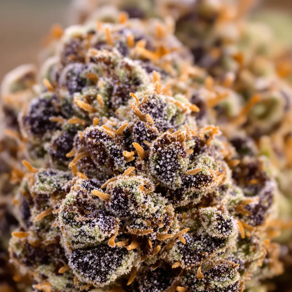 Gros plan de fleur de cannabis Candy Cream montrant calices denses aux reflets violets