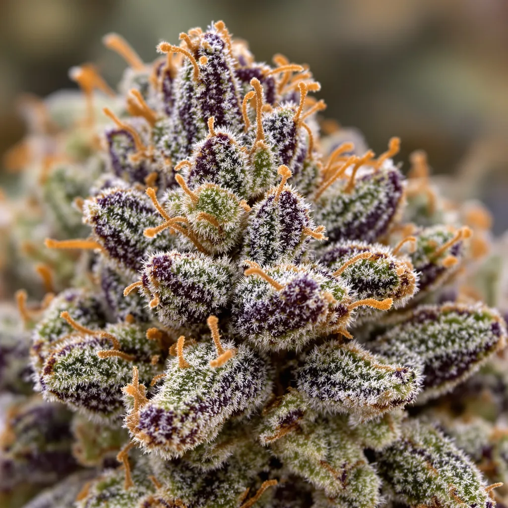 Gros plan de fleur de cannabis Candy Cream montrant calices denses aux reflets violets