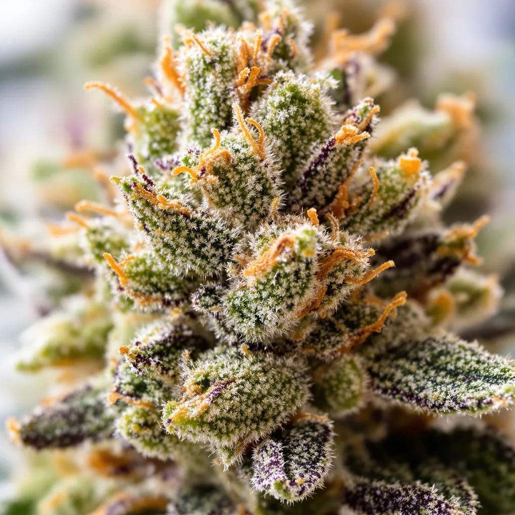 Gros plan de fleur de cannabis Candy Jack montrant structure équilibrée avec trichomes givrés