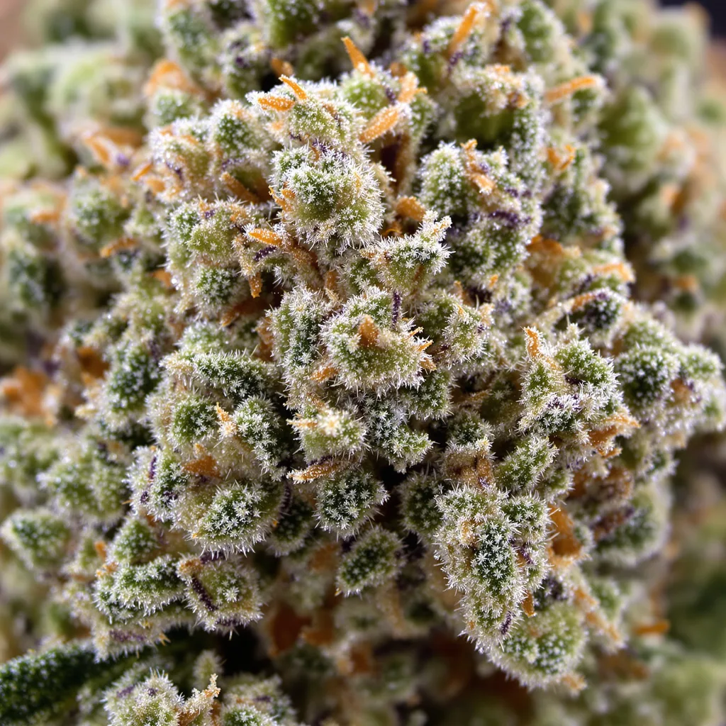 Gros plan de fleur de cannabis Candy Kush montrant structure équilibrée avec trichomes givrés