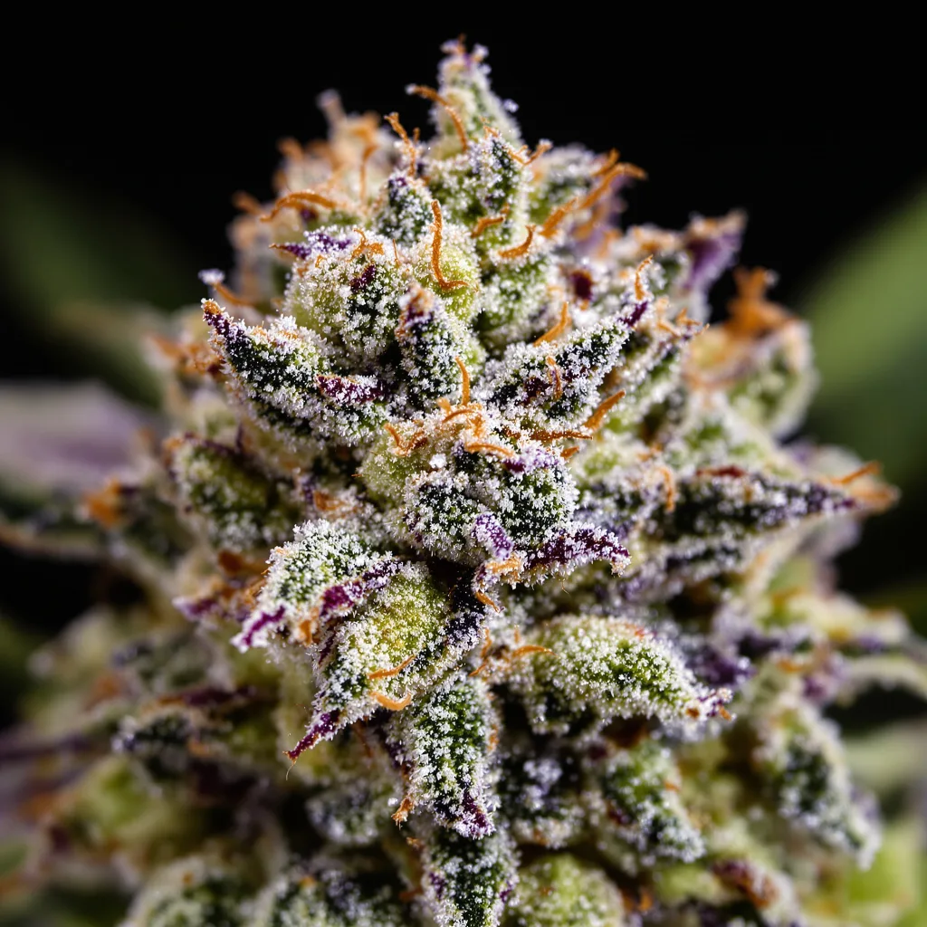 Gros plan de fleur de cannabis Candy Kush montrant structure équilibrée avec trichomes givrés
